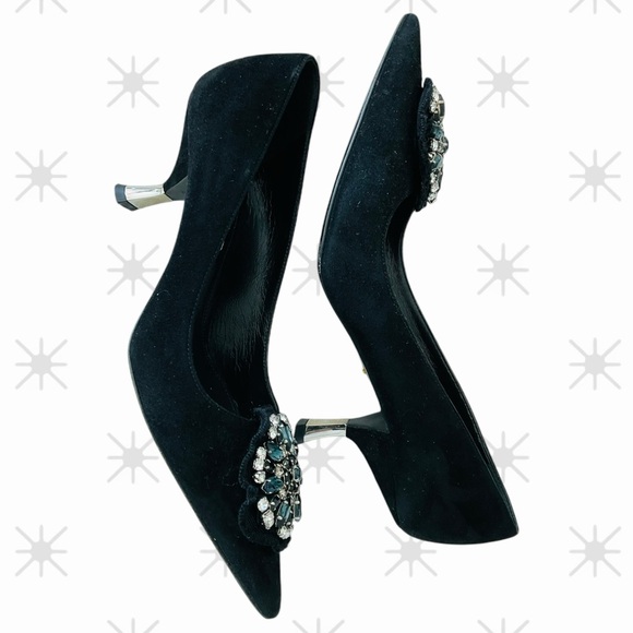Prada Pointy Toe Pumps Kitten Stiletto Heels 39 Black Suede Crystal Brooch EUC🖤 - Picture 8 of 11